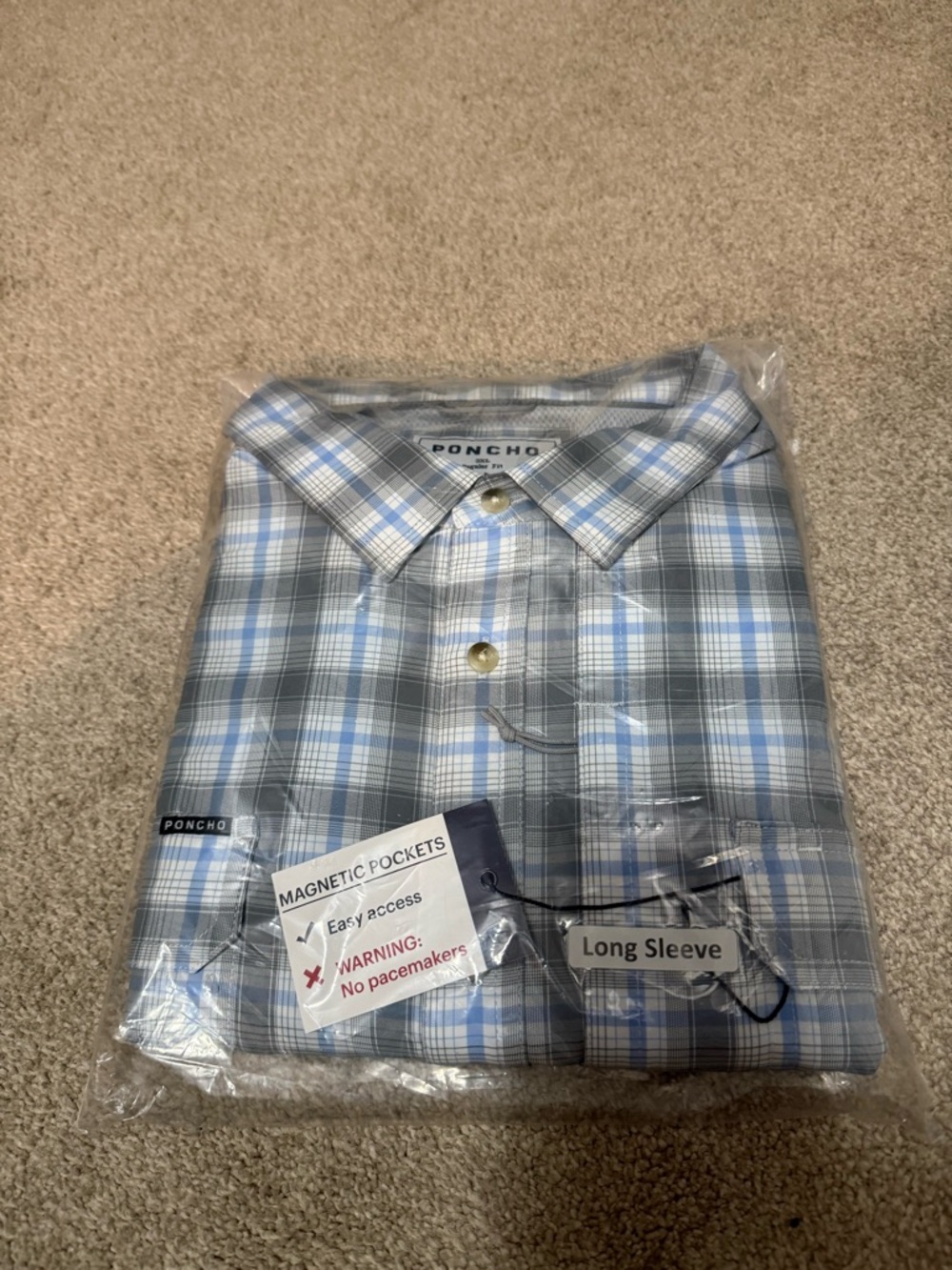 Poncho Men's Long Sleeve Blue and Gray Plaid Shirt